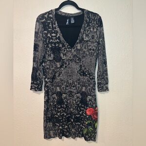 Desigual Black and Gray Long Sleeve Dress with Red Rose